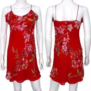 Vintage Mannequins U.S.A. Silk Floral Print Ruffle Cottagecore Mini Dress Red